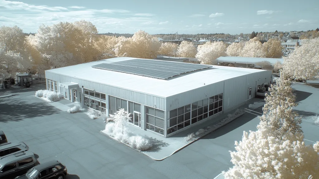 A commercial roof on a fitness gym in a location similar to Portland, Maine with an infrared photography aesthetic (AI image)