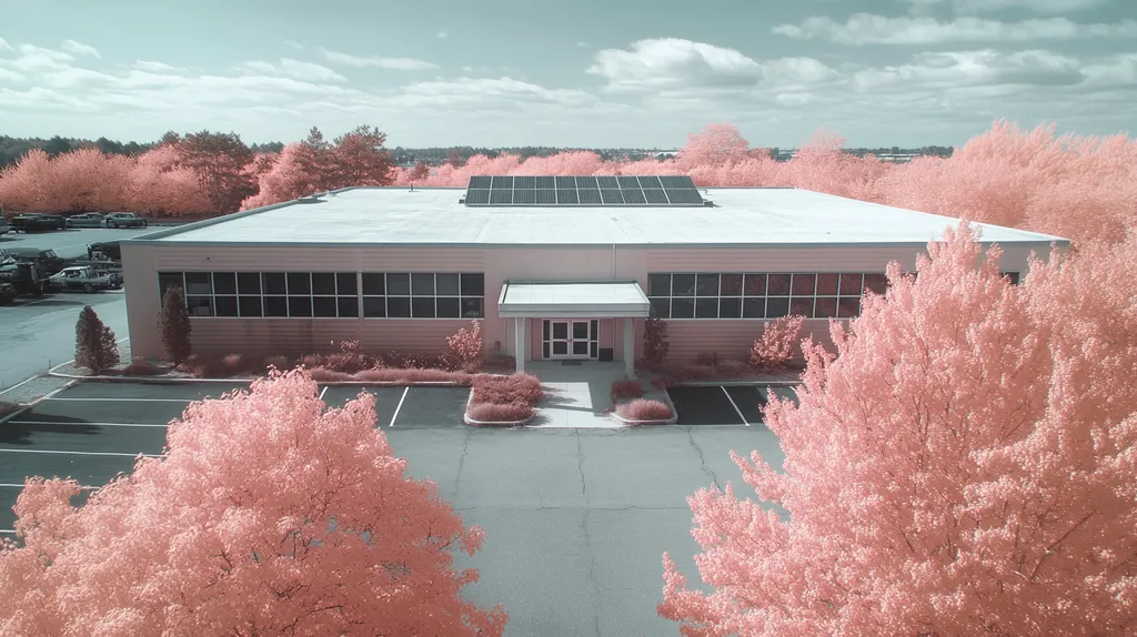 A commercial roof on a fitness gym in a location similar to Portland, Maine with an infrared photography aesthetic (AI image)