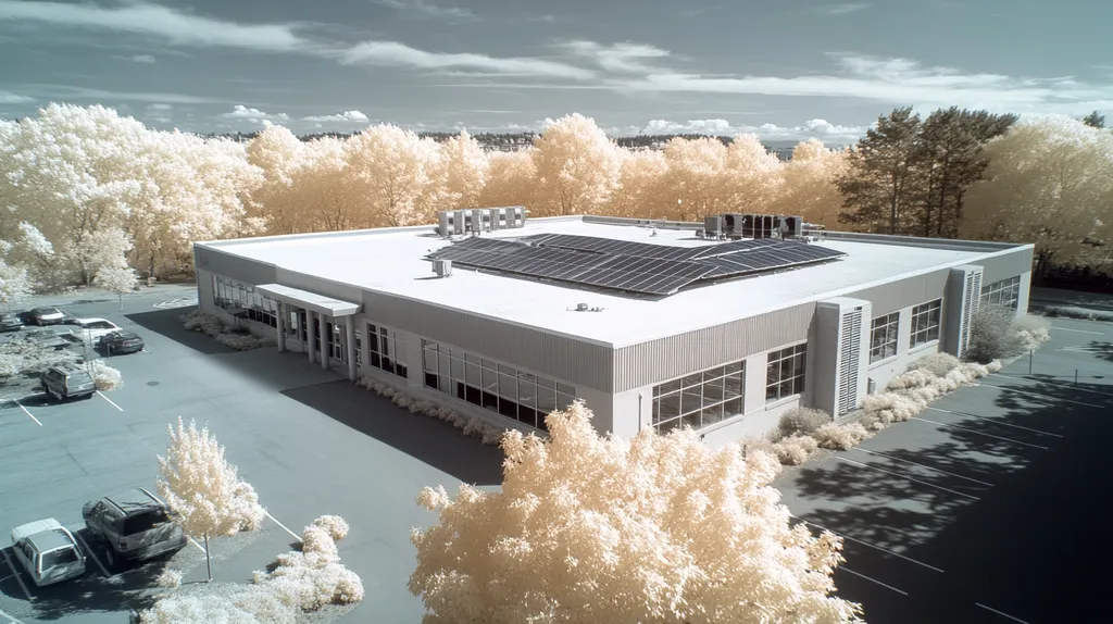 A commercial roof on a fitness gym in a location similar to Portland, Maine with an infrared photography aesthetic (AI image)