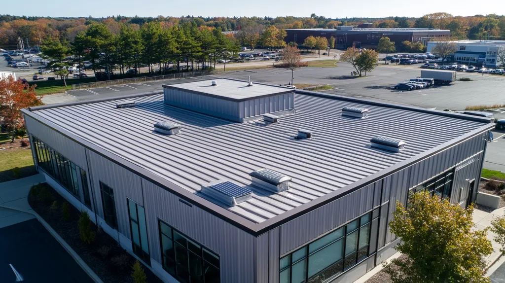 A commercial roof on a fitness gym in a location similar to Portland, Maine with a stainless steel aesthetic (AI image)