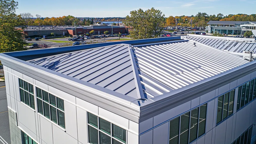 A commercial roof on a fitness gym in a location similar to Portland, Maine with a stainless steel aesthetic (AI image)