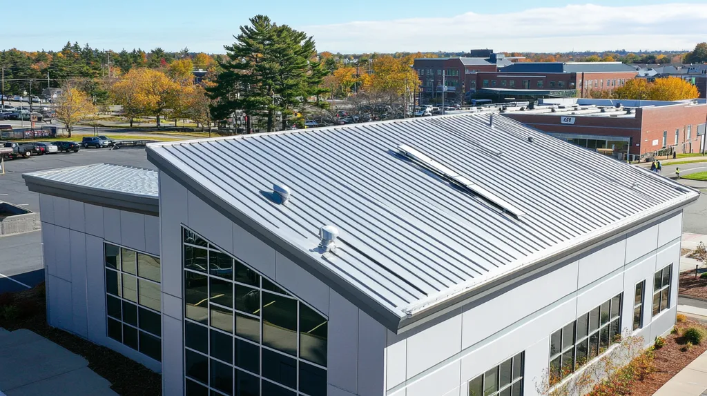 A commercial roof on a fitness gym in a location similar to Portland, Maine with a stainless steel aesthetic (AI image)