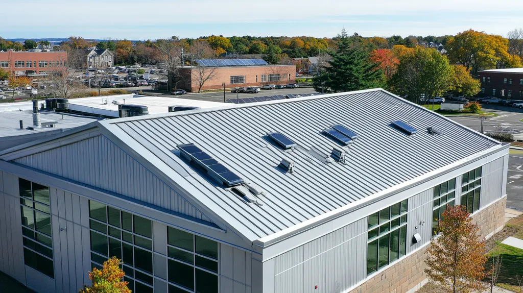 A commercial roof on a fitness gym in a location similar to Portland, Maine with a stainless steel aesthetic (AI image)