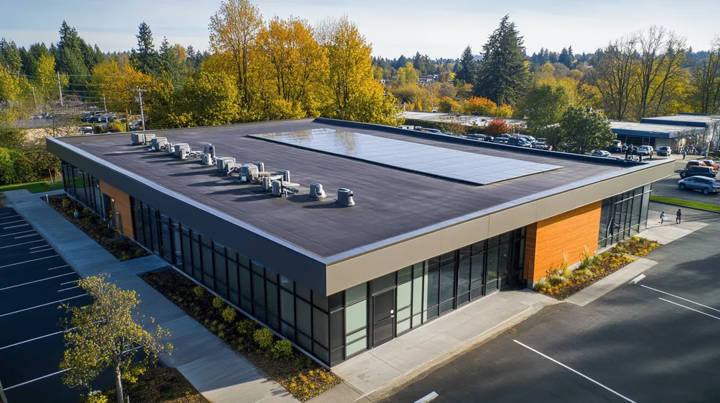 A commercial roof on a fitness gym in a location similar to Portland with a futuristic aesthetic (AI image)