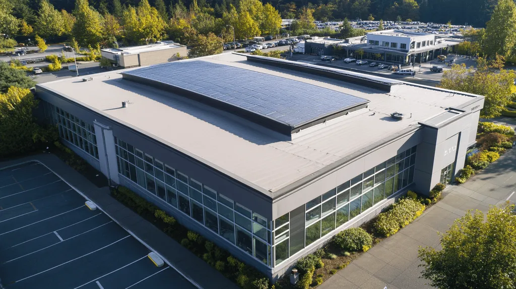 A commercial roof on a fitness gym in a location similar to Portland with a futuristic aesthetic (AI image)