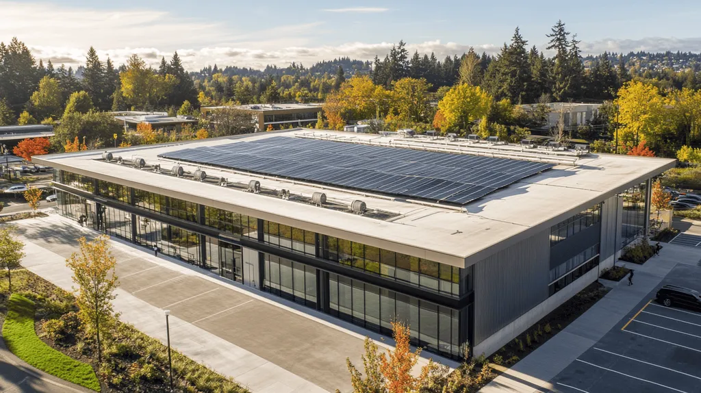 A commercial roof on a fitness gym in a location similar to Portland with a futuristic aesthetic (AI image)