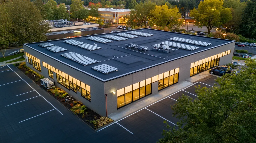 A commercial roof on a fitness gym in a location similar to Portland with an illuminated nightscape aesthetic (AI image)
