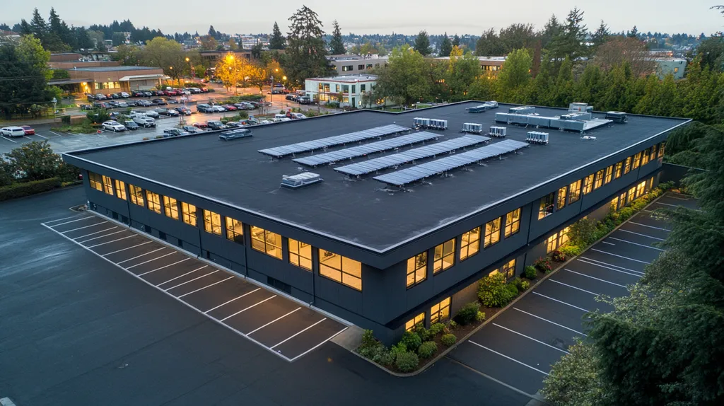 A commercial roof on a fitness gym in a location similar to Portland with an illuminated nightscape aesthetic (AI image)