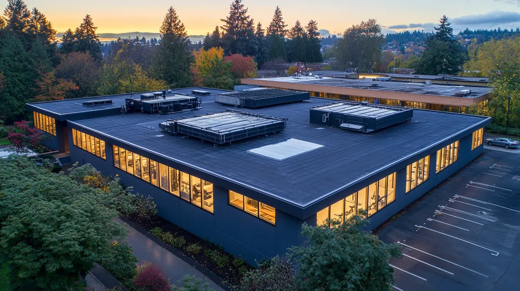 A commercial roof on a fitness gym in a location similar to Portland with an illuminated nightscape aesthetic (AI image)