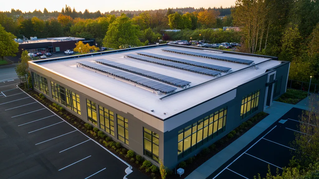 A commercial roof on a fitness gym in a location similar to Portland with an illuminated nightscape aesthetic (AI image)