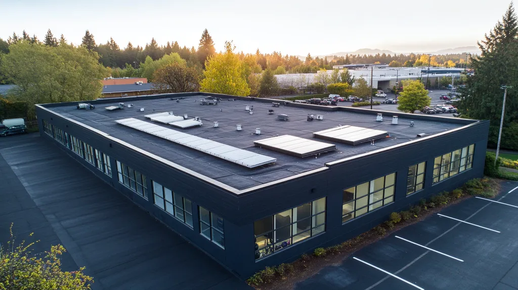 A commercial roof on a fitness gym in a location similar to Portland with an illuminated nightscape aesthetic (AI image)
