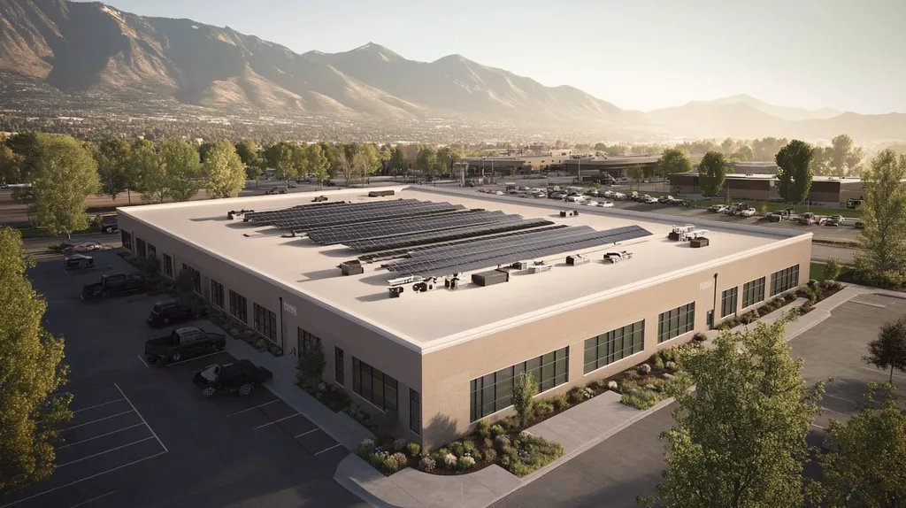A commercial roof on a fitness gym in a location similar to Salt Lake City with an architectural sketch rendering aesthetic (AI image)
