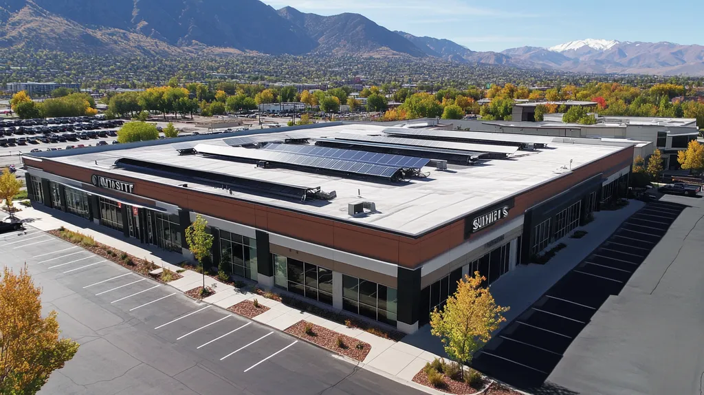 A commercial roof on a fitness gym in a location similar to Salt Lake City with a comic book style aesthetic (AI image)