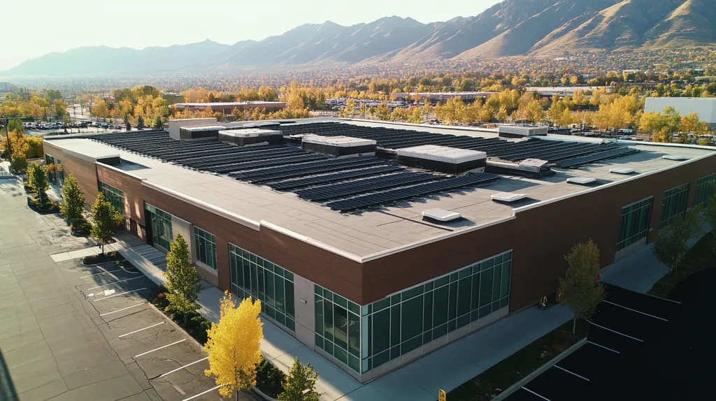 A commercial roof on a fitness gym in a location similar to Salt Lake City with a comic book style aesthetic (AI image)