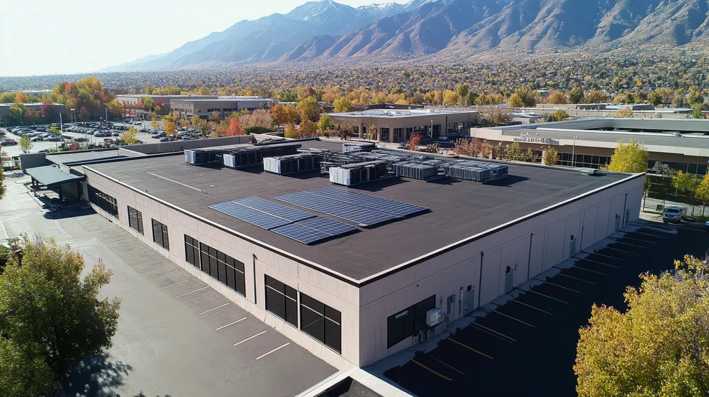 A commercial roof on a fitness gym in a location similar to Salt Lake City with a comic book style aesthetic (AI image)