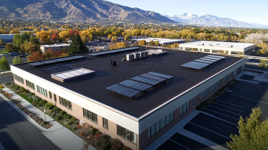 A commercial roof on a fitness gym in a location similar to Salt Lake City with a comic book style aesthetic (AI image)