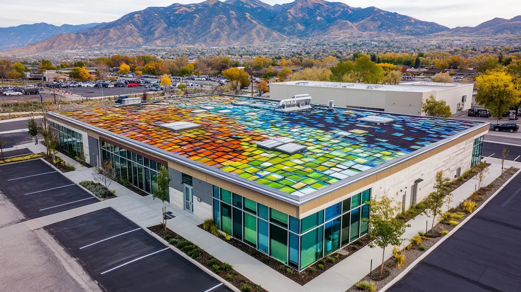 A commercial roof on a fitness gym in a location similar to Salt Lake City with a stained glass style aesthetic (AI image)
