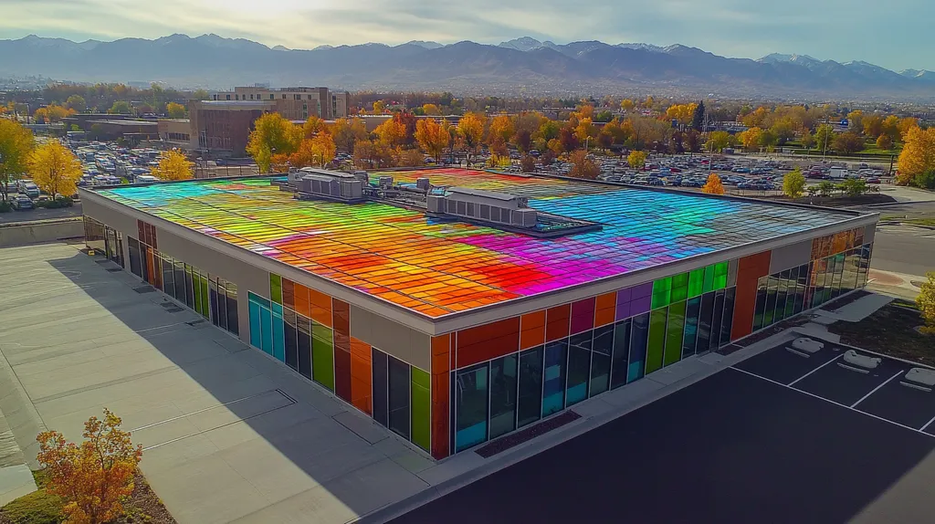 A commercial roof on a fitness gym in a location similar to Salt Lake City with a stained glass style aesthetic (AI image)