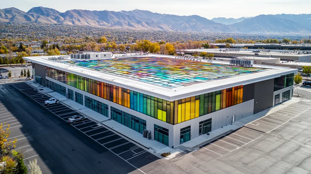 A commercial roof on a fitness gym in a location similar to Salt Lake City with a stained glass style aesthetic (AI image)