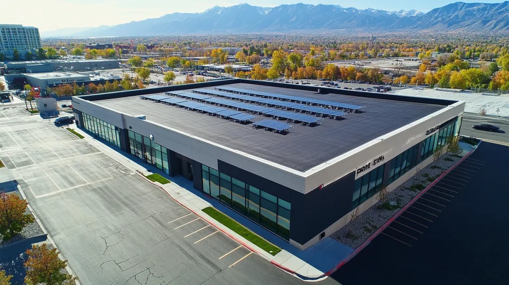 A commercial roof on a fitness gym in a location similar to Salt Lake City with an urban context aesthetic (AI image)