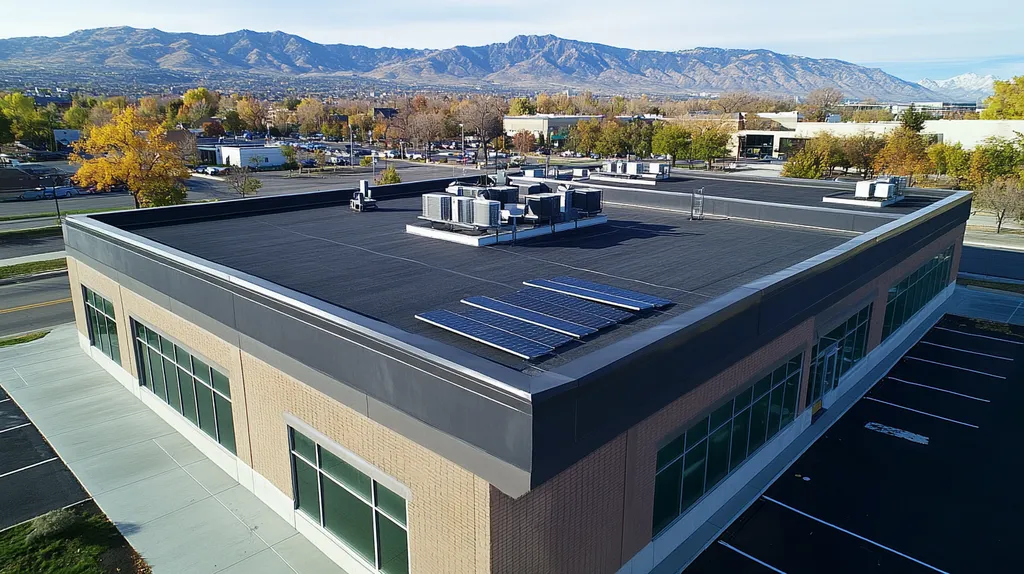 A commercial roof on a fitness gym in a location similar to Salt Lake City with an urban context aesthetic (AI image)