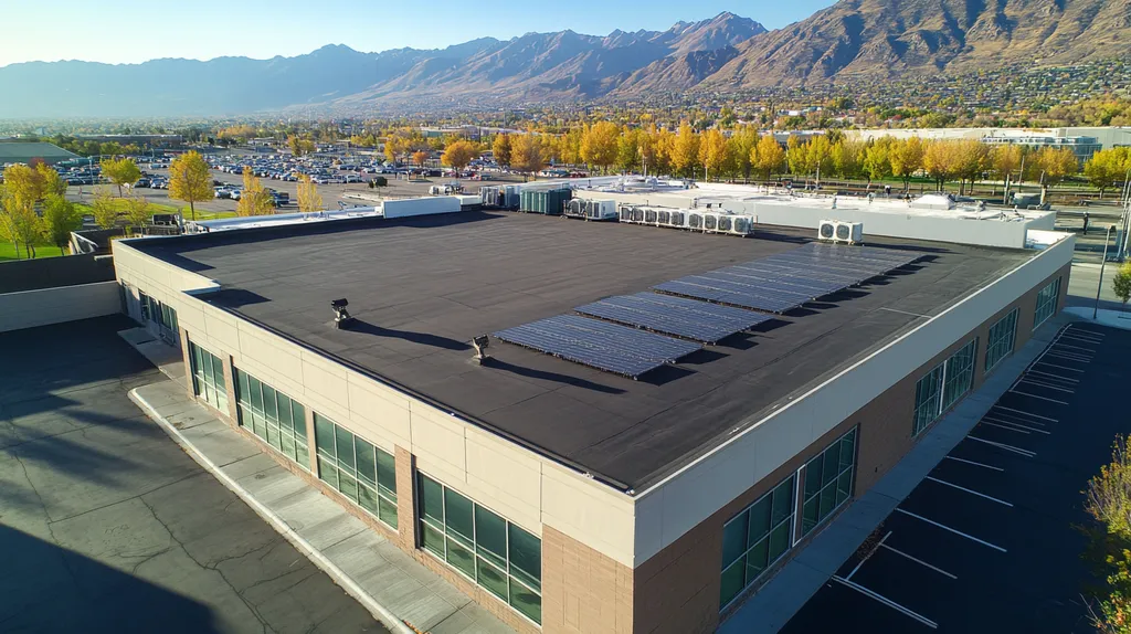 A commercial roof on a fitness gym in a location similar to Salt Lake City with an urban context aesthetic (AI image)