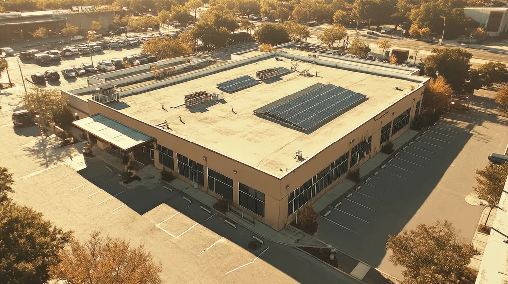 A commercial roof on a fitness gym in a location similar to San Antonio with an architectural sketch rendering aesthetic (AI image)