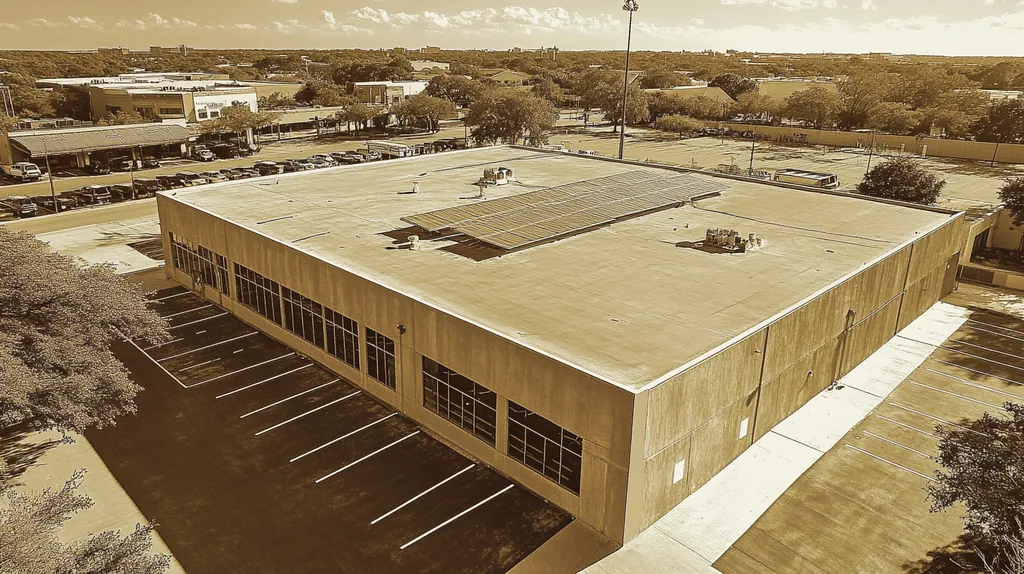 A commercial roof on a fitness gym in a location similar to San Antonio with an architectural sketch rendering aesthetic (AI image)