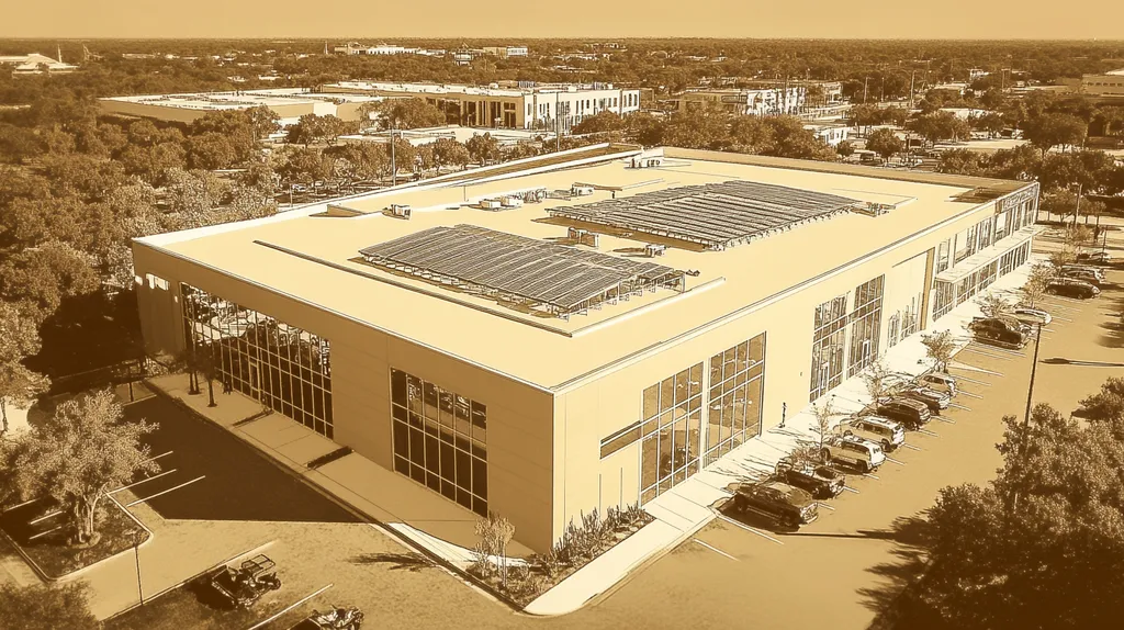 A commercial roof on a fitness gym in a location similar to San Antonio with an architectural sketch rendering aesthetic (AI image)