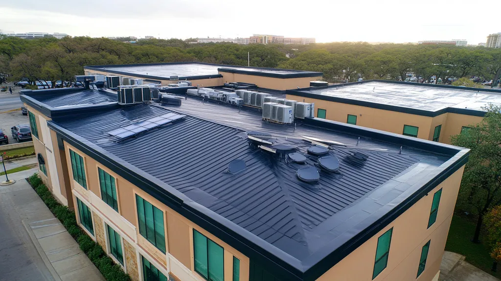 A commercial roof on a fitness gym in a location similar to San Antonio with a rainy day aesthetic (AI image)
