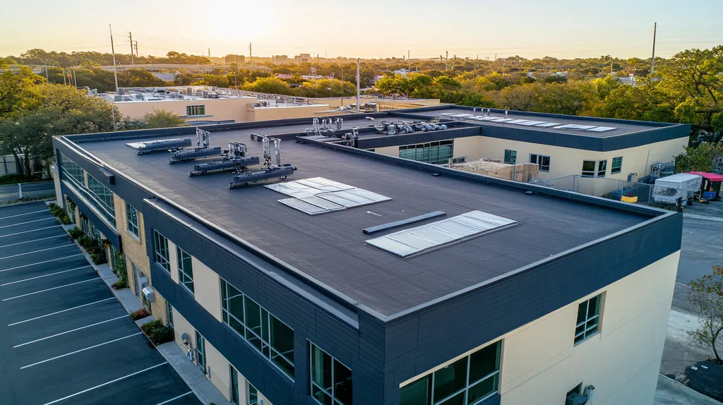 A commercial roof on a fitness gym in a location similar to San Antonio with a rainy day aesthetic (AI image)