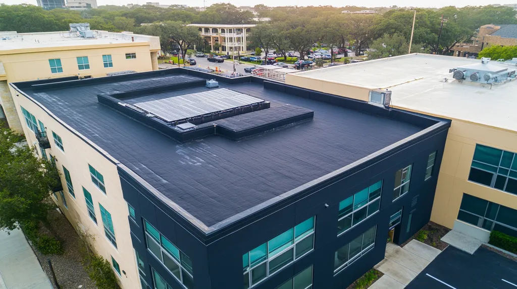 A commercial roof on a fitness gym in a location similar to San Antonio with a rainy day aesthetic (AI image)