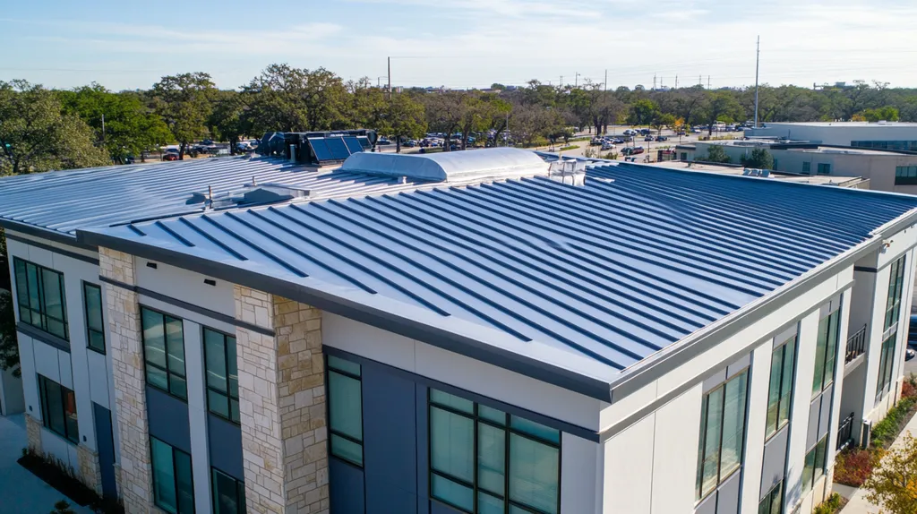 A commercial roof on a fitness gym in a location similar to San Antonio with a stainless steel aesthetic (AI image)