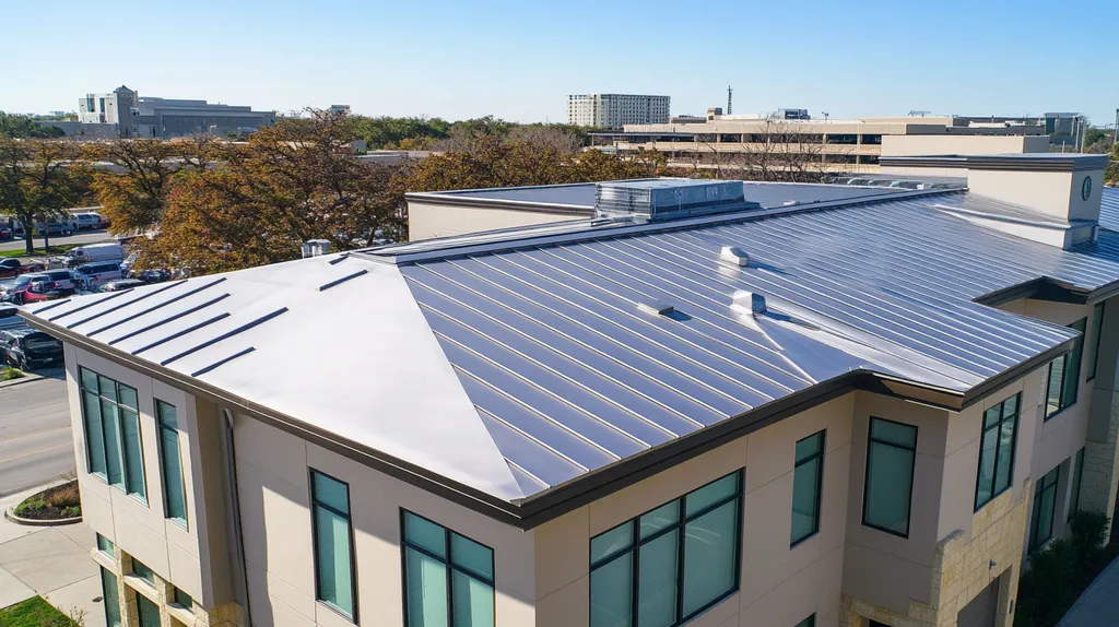 A commercial roof on a fitness gym in a location similar to San Antonio with a stainless steel aesthetic (AI image)