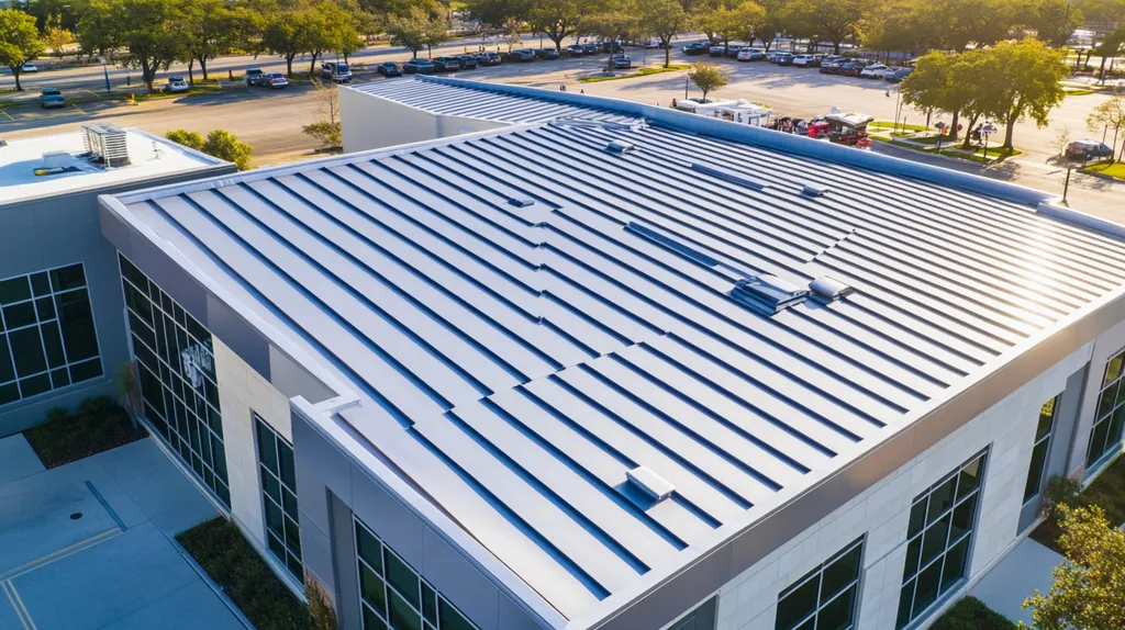 A commercial roof on a fitness gym in a location similar to San Antonio with a stainless steel aesthetic (AI image)