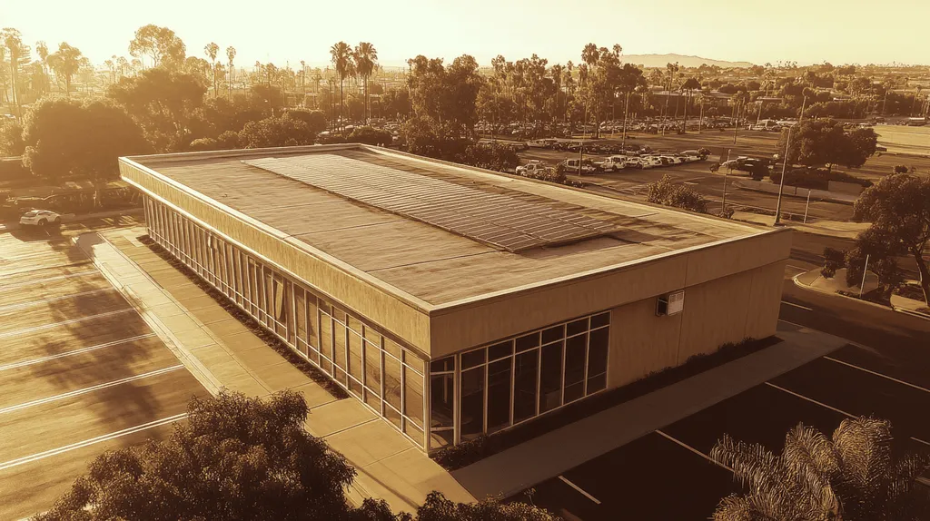 A commercial roof on a fitness gym in a location similar to San Diego with an architectural sketch rendering aesthetic (AI image)