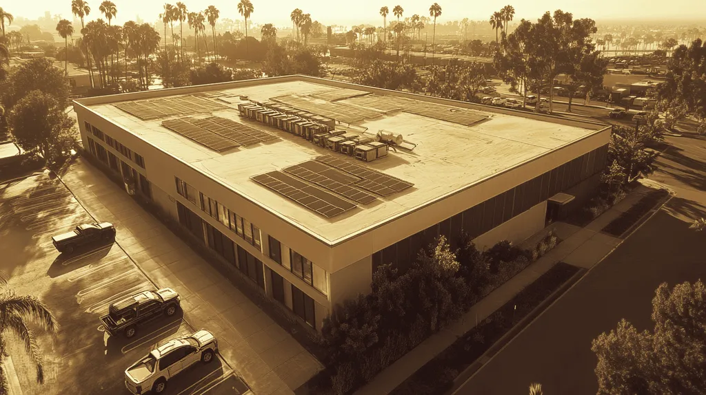 A commercial roof on a fitness gym in a location similar to San Diego with an architectural sketch rendering aesthetic (AI image)