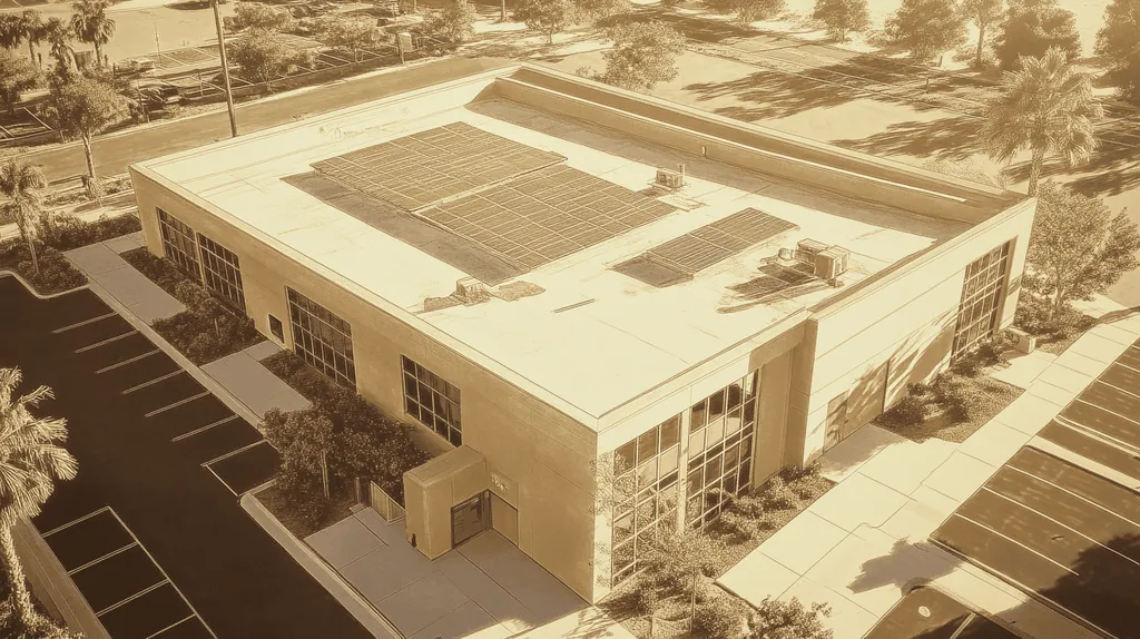 A commercial roof on a fitness gym in a location similar to San Diego with an architectural sketch rendering aesthetic (AI image)