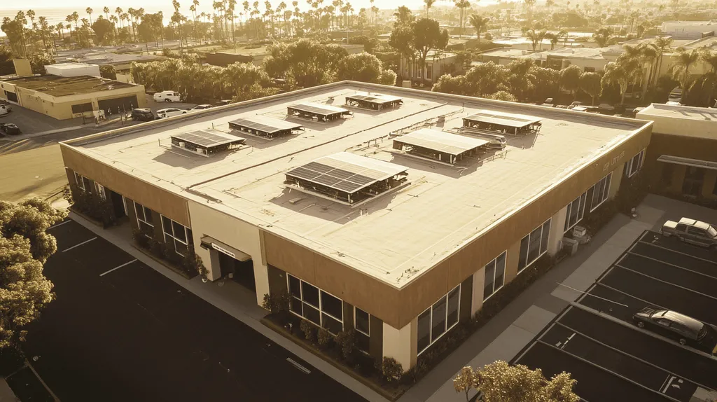 A commercial roof on a fitness gym in a location similar to San Diego with an architectural sketch rendering aesthetic (AI image)
