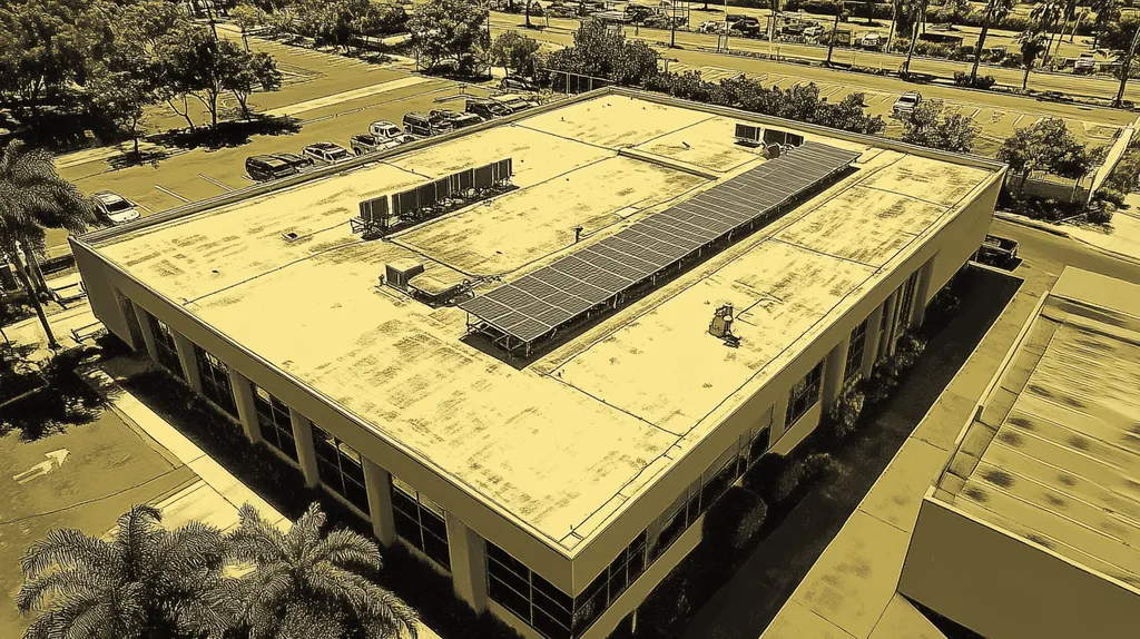 A commercial roof on a fitness gym in a location similar to San Diego with an architectural sketch rendering aesthetic (AI image)