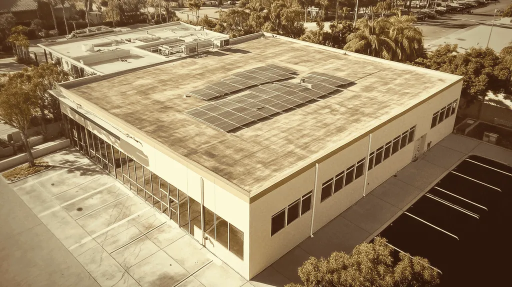 A commercial roof on a fitness gym in a location similar to San Diego with an architectural sketch rendering aesthetic (AI image)
