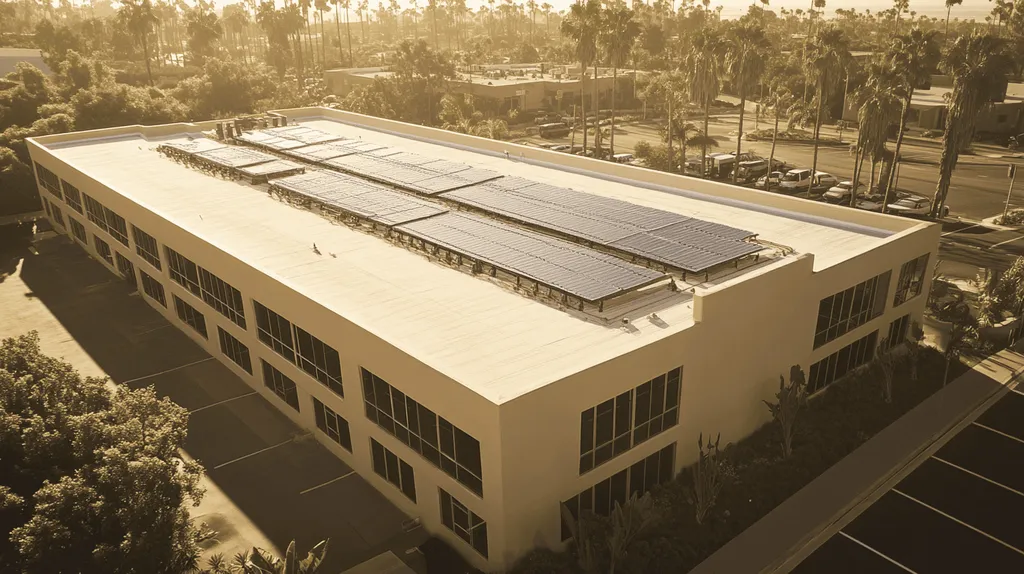 A commercial roof on a fitness gym in a location similar to San Diego with an architectural sketch rendering aesthetic (AI image)