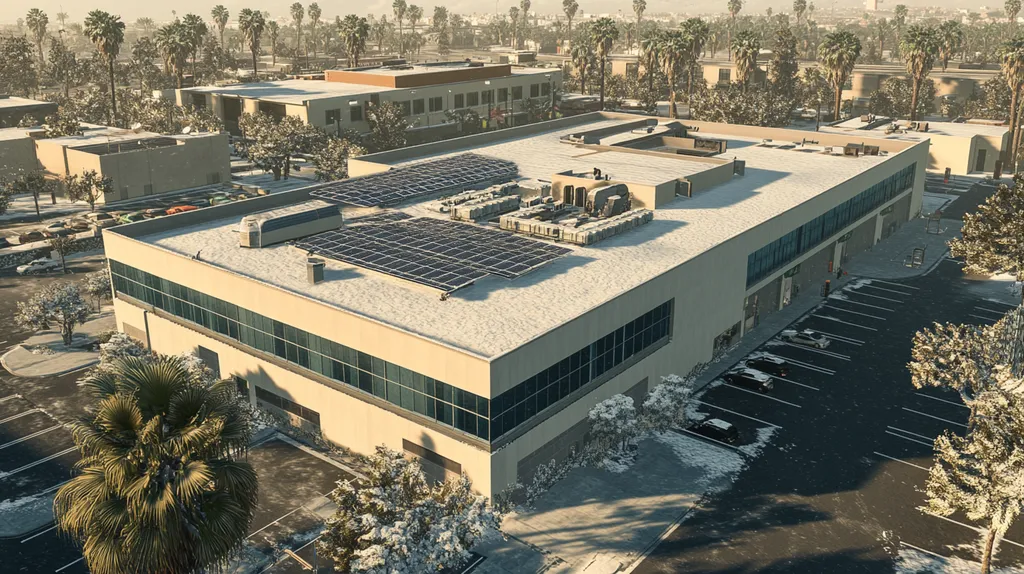 A commercial roof on a fitness gym in a location similar to San Diego with a snowy day aesthetic (AI image)