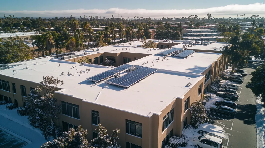 A commercial roof on a fitness gym in a location similar to San Diego with a snowy day aesthetic (AI image)