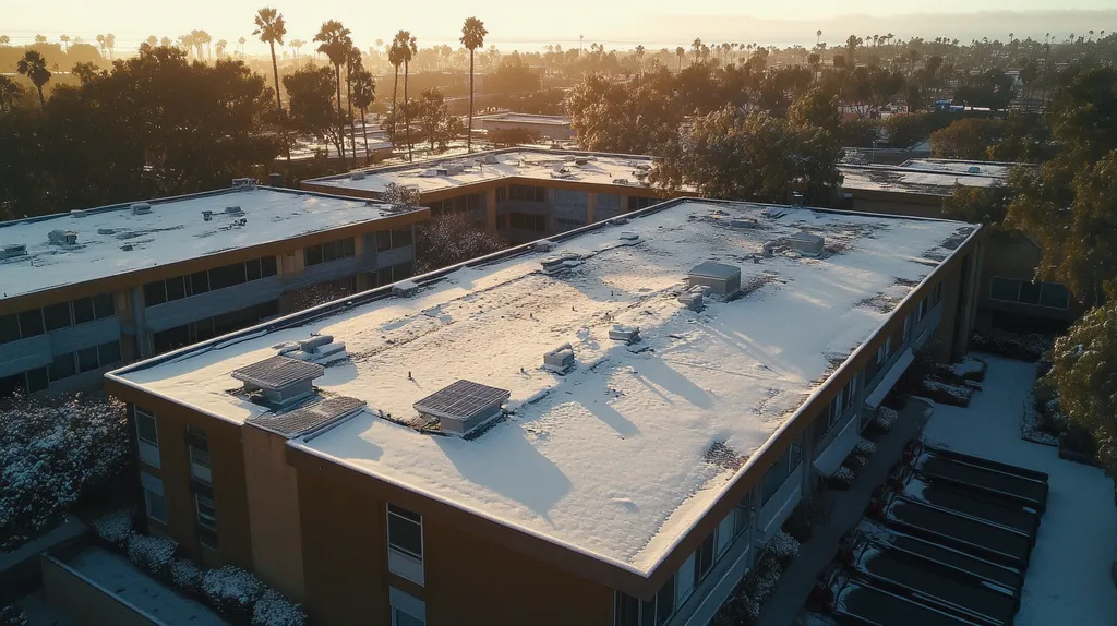 A commercial roof on a fitness gym in a location similar to San Diego with a snowy day aesthetic (AI image)