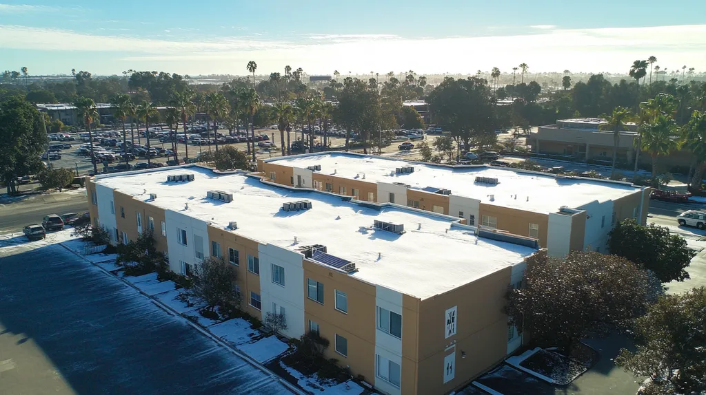 A commercial roof on a fitness gym in a location similar to San Diego with a snowy day aesthetic (AI image)