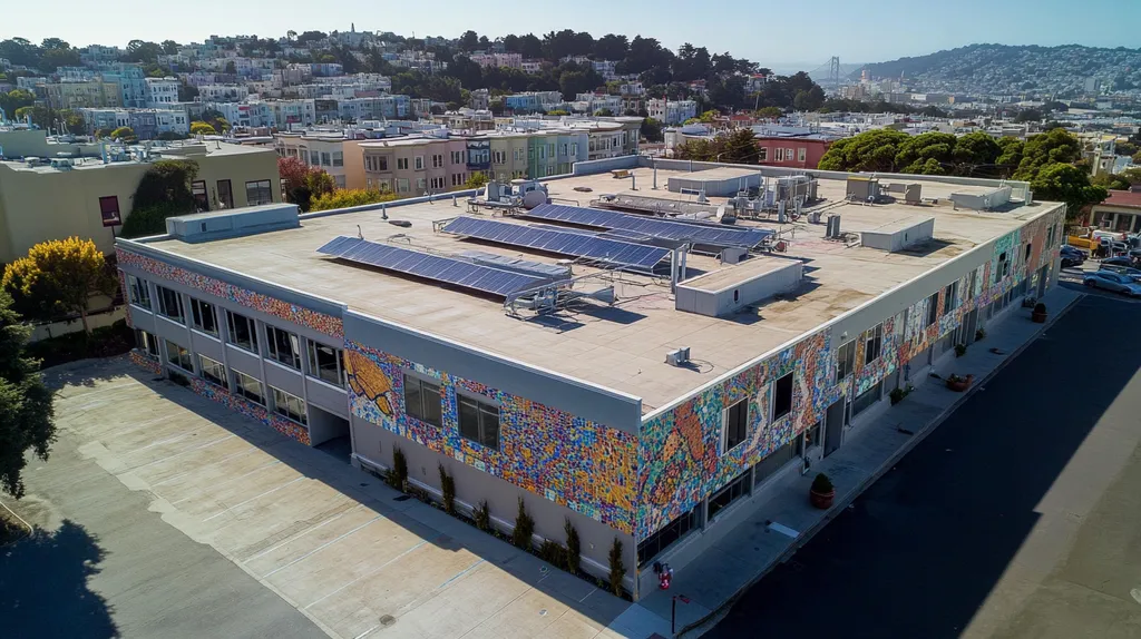 A commercial roof on a fitness gym in a location similar to San Francisco with a mosaic tile art aesthetic (AI image)