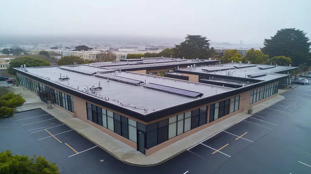 A commercial roof on a fitness gym in a location similar to San Francisco with a rainy day aesthetic (AI image)
