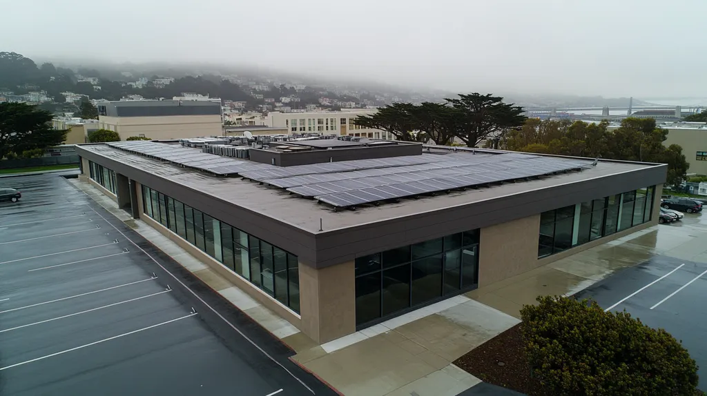 A commercial roof on a fitness gym in a location similar to San Francisco with a rainy day aesthetic (AI image)