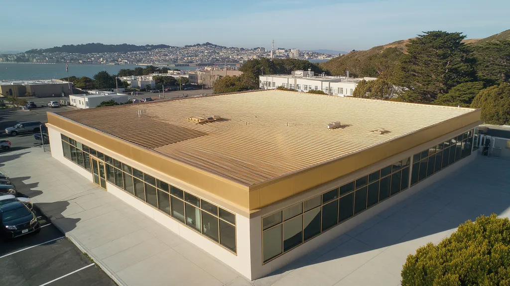 A commercial roof on a fitness gym in a location similar to San Francisco with a solid gold aesthetic (AI image)